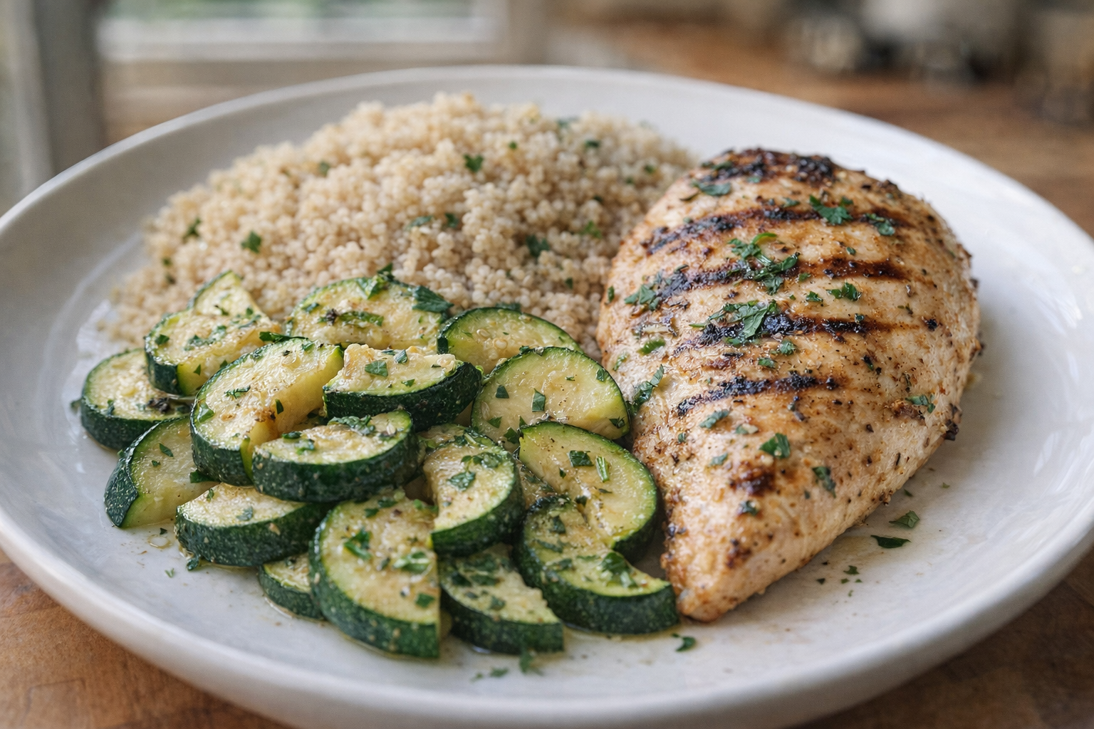 A plated dish of sautéed zucchini with a sprinkle of fresh herbs, served alongside grilled chicken and a side of quinoa, bright natural lighting